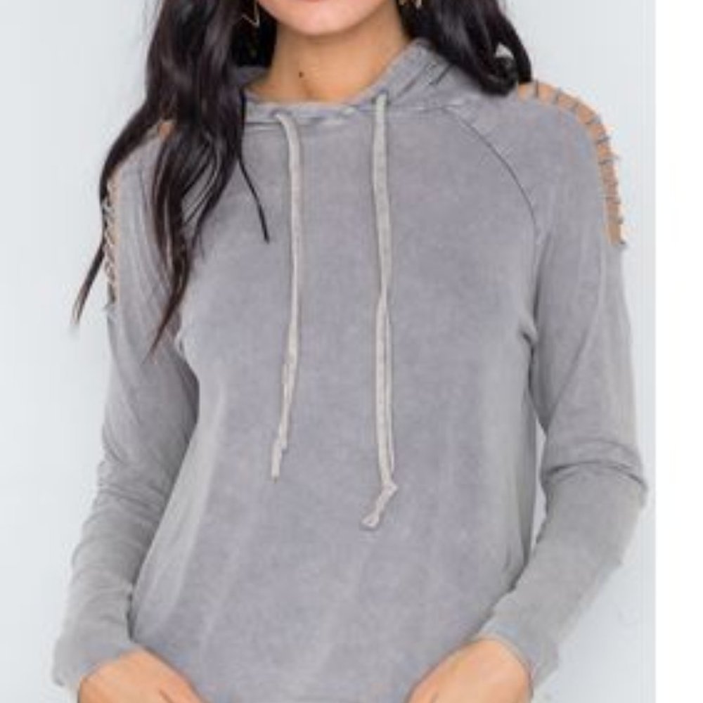 Grey Stonewash Laser Cut Shoulders Sweatshirt